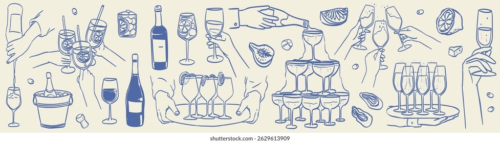 La dolce vita italian style. Hand drawn ink line wine, aperol spritz cocktail or champagne pyramid drawings. Sketch style bar or party Illustrations for wedding invitations, cafe or restaurant menus.