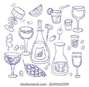 la dolce vita. Bebida de verão italiana, comida, garrafas e conjunto de óculos. Descrever a estética mediterrânica. Vintage isolada mínima whimsical linha Mão esboço desenhos em branco. Ilustração vetorial. Não é IA
