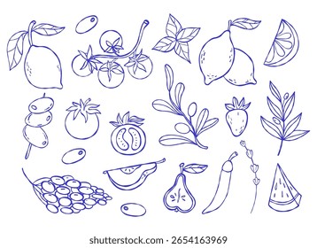 la dolce vita. Comida de verão italiana, frutas e vegetais set. Descrever a estética mediterrânica. Vintage isolada mínima whimsical linha Mão esboço desenhos em branco. Ilustração vetorial. Não é IA