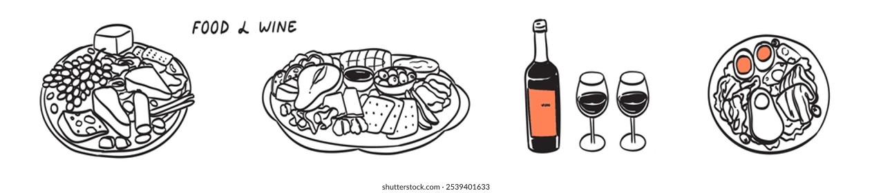 La Dolce vita lifestyle illustrations in line doodle style for cafe, restaurants menu, wedding decor. Picnic in french or italian style with wine, cheese, fruits. Elegant breakfast plate with snacks.