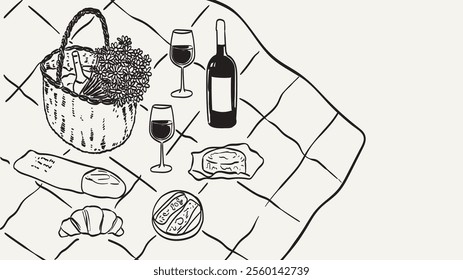 La Dolce vita lifestyle illustrations in line doodle style for cafe, restaurants menu, wedding decor. Picnic in french or italian style with wine, cheese, bread. Elegant breakfast or brunch print.