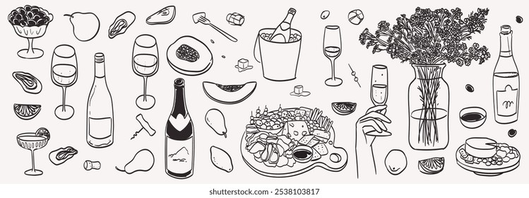 La dolce vita arte de línea para cartel de cocina, arte de pared de impresión de carteles. Ilustración vectorial de vino o champán vidrio y botella, florero con flores en francés, comida de estilo italiano para cenar, almuerzo, cena.