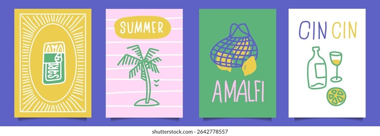 La Dolce Vita naive posters set in hand drawn summer doodle style. Beach, marine and Mediterranean vibes. Retro postcard-style clipart in coastal, minimal hand drawn design. Vector