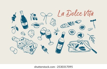 Conjunto de picnic La Dolce Vita. Arte minimalista dibujado a mano. Fiesta al aire libre de verano femenina. Tablero de charcutería, plato de queso, botella de vid y copa de vino. Comida de Italia. Ilustración vectorial