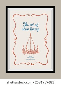 La Dolce Vita poster with an aesthetic quote in a frame. Ink sketch style chandelier illustration.