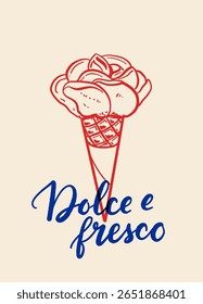 La Dolce Vita poster with Italian gelato, oyster, baguette, lemon and retro mailbox in hand drawn blue and red vintage style, traditional Italian dessert food summer vector illustration