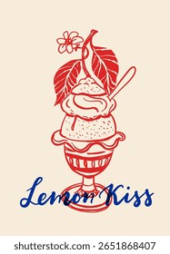 La Dolce Vita poster with Italian gelato, oyster, baguette, lemon and retro mailbox in hand drawn blue and red vintage style, traditional Italian dessert food summer vector illustration