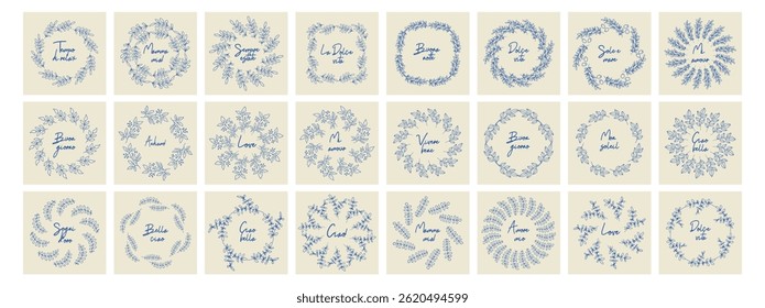 La dolce vita poster set. Hand drawn Italian style wall art with branches and inscriptions.Wall art prints decor. Illustration for invitations, menus design.