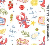 La Dolce Vita Seamless Pattern, Summer Sardines Picnic Lobster Food Wrap, Italian Kitchen Gingham Design, Cute Mediterranean Style