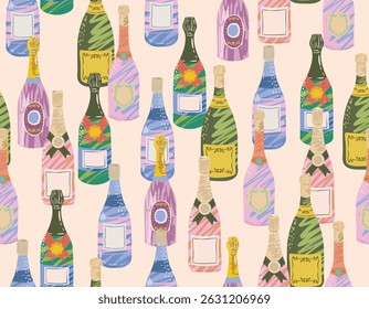 La dolce vita , seamless pattern with wine bottles and champagne. whimsical style Italian French food Illustration Vector  sketch NOT AI ,Vacation party  ,Design for all kind to prints and Textile