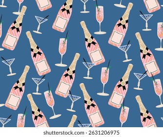 La dolce vita , seamless pattern with wine bottles and champagne. whimsical style Italian French food Illustration Vector  sketch NOT AI ,  Vacation summer party  ,Design for all kind to prints 