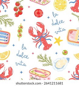 La Dolce Vita Seamless Pattern, Summer Sardines Picnic Lobster Food Wrap, Italian Kitchen Gingham Design, Cute Mediterranean Style