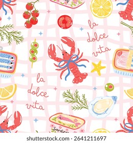 La Dolce Vita Seamless Pattern, Summer Sardines Picnic Lobster Food Wrap, Italian Kitchen Gingham Design, Cute Mediterranean Style