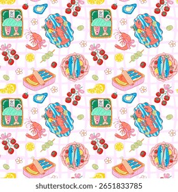 La Dolce Vita Seamless Pattern, Summer Sardines Picnic Lobster Food Wrap, Italian Kitchen Gingham Design, Cute Mediterranean Style
