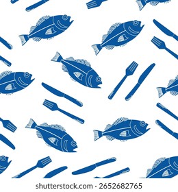 La Dolce Vita seamless pattern background with fish spoon fork for packaging and decoration. Drink concept.