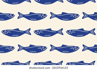 La dolce vita seamless pattern. Retro Mediterranean fishes. Blue Sardines silhouette.  Doodle Hand drawn doodles Seafood background for print, wall art, interior decor, menus, restourant. Vector 