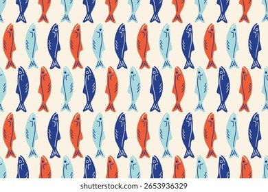 La dolce vita seamless pattern. Retro Mediterranean fishes. Sea background in Italian sicily style. Sardines silhouette. Doodle Hand drawn Seafood for print, wall art, interior, menus, cafe. Vector