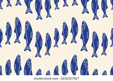 La dolce vita seamless pattern. Retro background. Mediterranean fishes. Blue Sardines silhouette. Doodle Hand drawn Seafood elements for print, wall art, interior decor, menus, restourant. Vector 