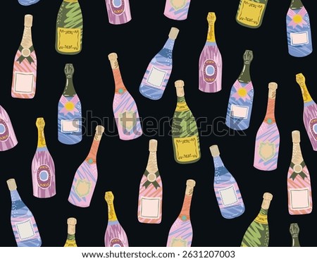 La dolce vita , seamless pattern with wine bottles and champagne. whimsical style Italian French food Illustration Vector  sketch NOT AI , Vacation party  ,Design for all kind to prints and Textile