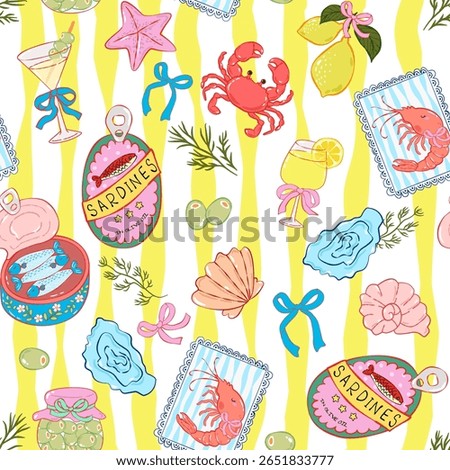 La Dolce Vita Seamless Pattern, Summer Sardines Picnic Lobster Food Wrap, Italian Kitchen Gingham Design, Cute Mediterranean Style