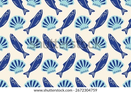 La dolce vita seamless pattern. Mediterranean Sardines and shells. Doodles mackerel, anchovy and seashells. Hand drawn Seafood for print, wall art, interior decor, menus, cafe, restaurant. Vector