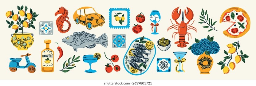 La Dolce Vita set. Bright hand-drawn vector. Italian summer life. Amalfi, Sicily, Positano coast. Lemons, wine, food, scooter, car, tile, retro vibe. Great for prints, posters, cards, stickers, decor.
