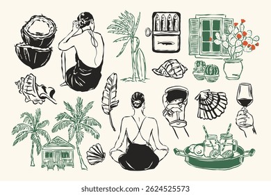La Dolce Vita sketch style doodles collection. Art for postcards, posters, branding, logo design, background, social media.	