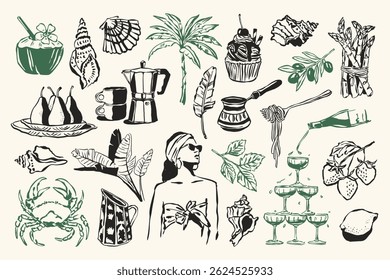 La Dolce Vita sketch style doodles collection. Art for postcards, posters, branding, logo design, background, social media.	
