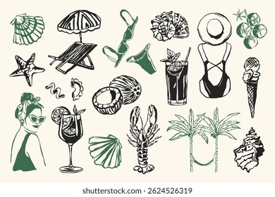 La Dolce Vita sketch style doodles collection. Art for postcards, posters, branding, logo design, background, social media.	