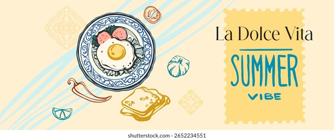 La Dolce Vita, atmosfera de verão. Cartaz totalmente editável em um estilo de esboço leve para marca, publicidade, impressão. Férias no mar, descansa no oceano em cores brilhantes e ensolaradas.