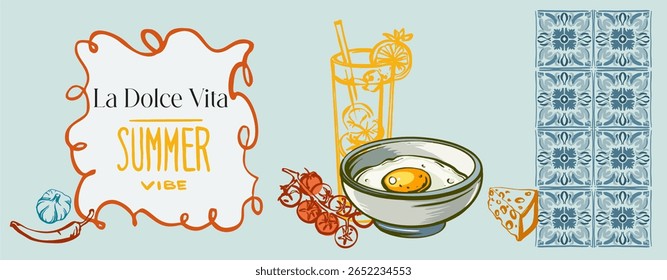La Dolce Vita, atmosfera de verão. Cartaz totalmente editável em um estilo de esboço leve para marca, publicidade, impressão. Férias no mar, descansa no oceano em cores brilhantes e ensolaradas.