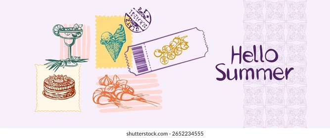 La Dolce Vita, atmosfera de verão. Cartaz totalmente editável em um estilo de esboço leve para marca, publicidade, impressão. Férias no mar, descansa no oceano em cores brilhantes e ensolaradas.