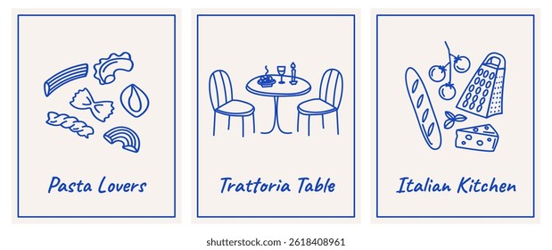La Dolce Vita summer poster set. Minimalist Italian line art illustrations of mediterranean lifestyle, food, and travel elements for wall decor and design.
