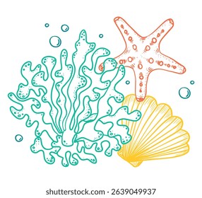 La Dolce Vita themed Print with Seashell. Starfish, Scallop and coral print. Hand-drawn vector inspired by Summer Italian aesthetic for restaurant, t-shirt, café and seafood menu.
