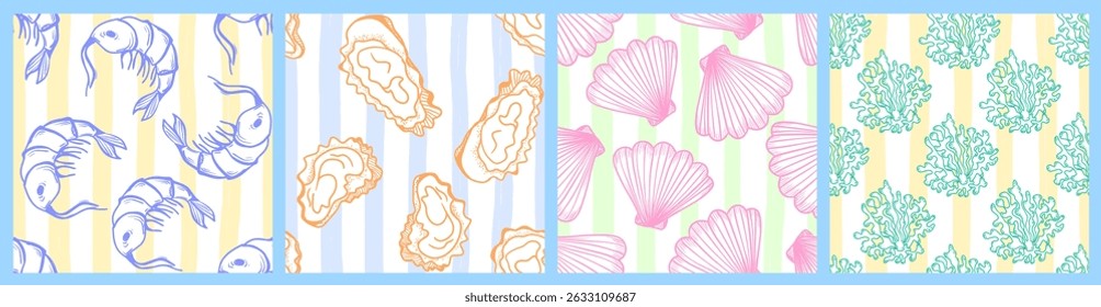 La dolce vita tematizou o padrão sem costura com frutos do mar. Concha, camarão, ostra, algas marinhas imprimir em fundo listrado. Vetor colorido desenhado à mão inspirado na estética italiana de verão.