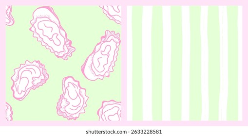 La dolce vita temático conjunto de padrão sem costura. Pink Hand desenhou Oyster em fundo verde e branco-verde listras imprimir. Vetor vintage inspirado pela estética italiana de verão.