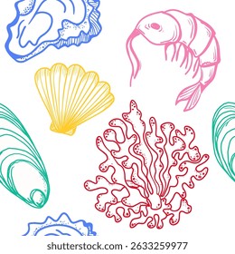 La dolce vita tematizou o padrão sem costura com frutos do mar. O vieira, camarão, coral, ostra com mão desenhado contorno colorido no fundo branco. Vetor desenhado à mão inspirado na estética italiana de verão.