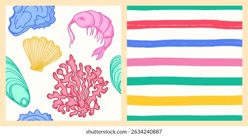 La dolce vita temático padrão sem costura definido com frutos do mar. O vieira, camarão, ostra com mão desenhada listras coloridas imprimir no fundo branco. Vetor desenhado à mão inspirado na estética italiana de verão.