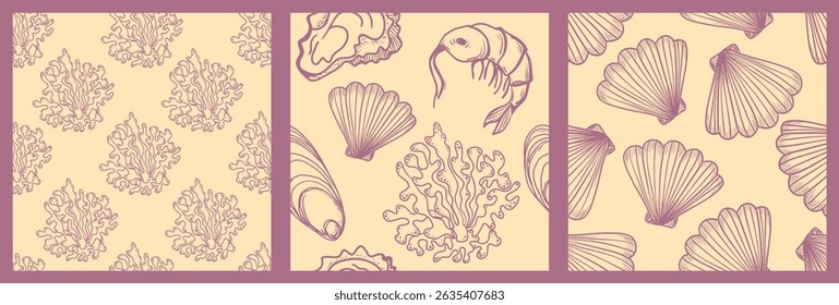 La dolce vita temático padrão sem costura definido com frutos do mar. O vieira, camarão, coral, ostra em estilo monocromático Vintage. Vetor desenhado à mão inspirado na estética italiana de verão.