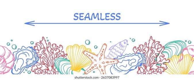 La dolce vita themed seamless Border with Seafood. Vector outline illustration. Hand-drawn pattern of Sea frame. Colourful Linear drawing isolated on white background. 