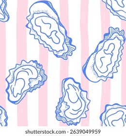 La dolce vita themed seamless pattern with Oysters. Seashells print with hand drawn blue contour on pink and white striped background. Hand-drawn vector inspired by Summer Italian aesthetic.