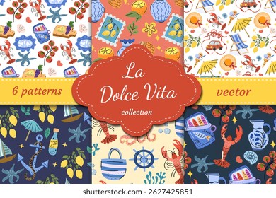La Dolce Vita themed vector patterns set with sun, lemon, pasta, tomatoes and seafood. A celebration of Italian lifestyle and joyful summer.