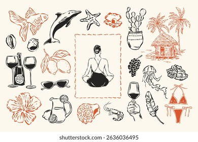 Coleção de doodles vetoriais La Dolce Vita. Estilo de vida costeiro. Vida mediterrânea. Rabiscos de verão italianos.	