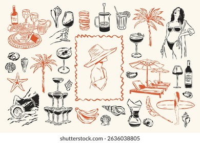 Coleção de doodles vetoriais La Dolce Vita. Estilo de vida costeiro. Vida mediterrânea. Rabiscos de verão italianos.	