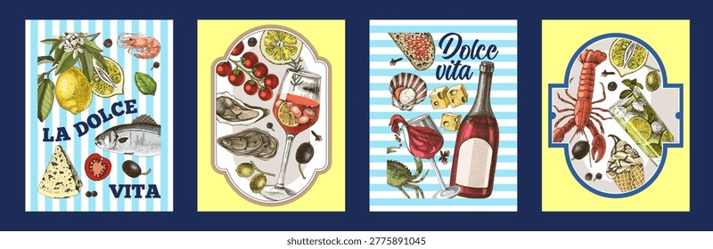La dolce vita vector posters with hand drawn mediterranian food and drinks