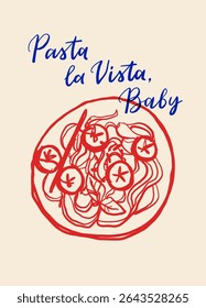 La dolce vita vintage posters. Italian Summer Line Art Vector Set with Pasta, Mozzarella, Coffee, Seafood and Herbs. Vector illustration ink doodle sketch style.