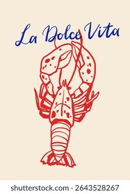 Cartazes vintage La dolce vita. Linha de verão italiana vetor de arte conjunto com massas, mozzarella, café, frutos do mar e ervas. Estilo de esboço de rabisco de tinta de ilustração vetorial.