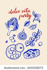 Cartazes vintage La dolce vita. Linha de verão italiana vetor de arte conjunto com massas, mozzarella, café, frutos do mar e ervas. Estilo de esboço de rabisco de tinta de ilustração vetorial.