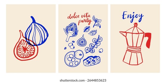 Cartazes vintage La dolce vita. Linha de verão italiana vetor de arte conjunto com massas, mozzarella, café, frutos do mar e ervas. Estilo de esboço de rabisco de tinta de ilustração vetorial.