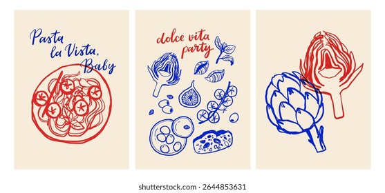 Cartazes vintage La dolce vita. Linha de verão italiana vetor de arte conjunto com massas, mozzarella, café, frutos do mar e ervas. Estilo de esboço de rabisco de tinta de ilustração vetorial.